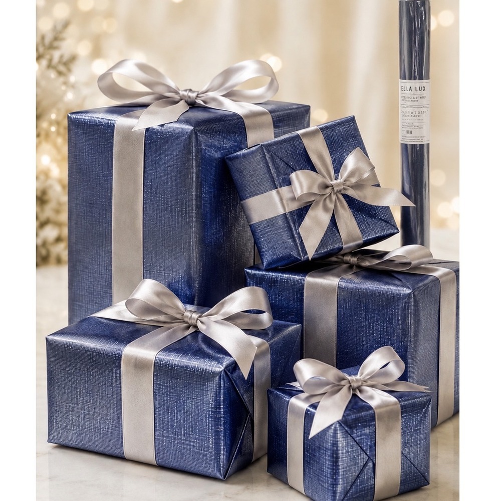 Bella Lux Luxe Heavy Weight Gift Wrap Navy Blue Textured Grid 30 SqFt 109-14